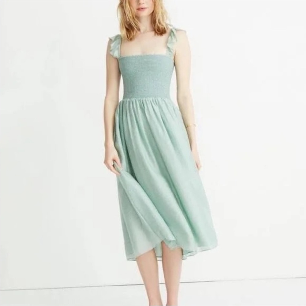 Madewell | Women’s Mint Green Ruffle Straps Smocked Bodice Midi Dress Size S